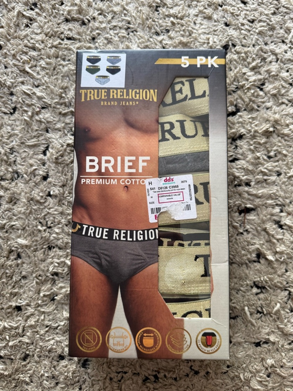 True Religion Men's Briefs 5-Pack in Black & Olive-Green